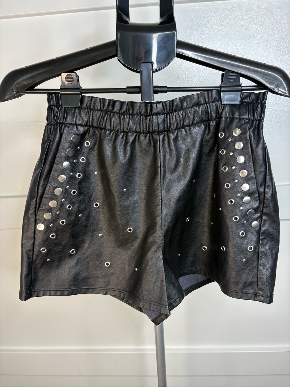 Express Black Faux Leather High-Waist Studded Shorts